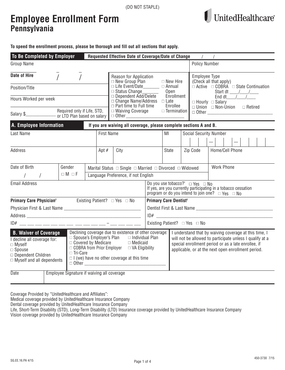 Form 450-3730 Employee Enrollment Form - Unitedhealthcare - Pennsylvania, Page 1