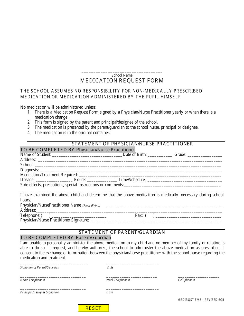 School Medication Request Form, Page 1