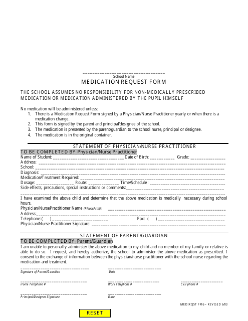 School Medication Request Form Download Pdf