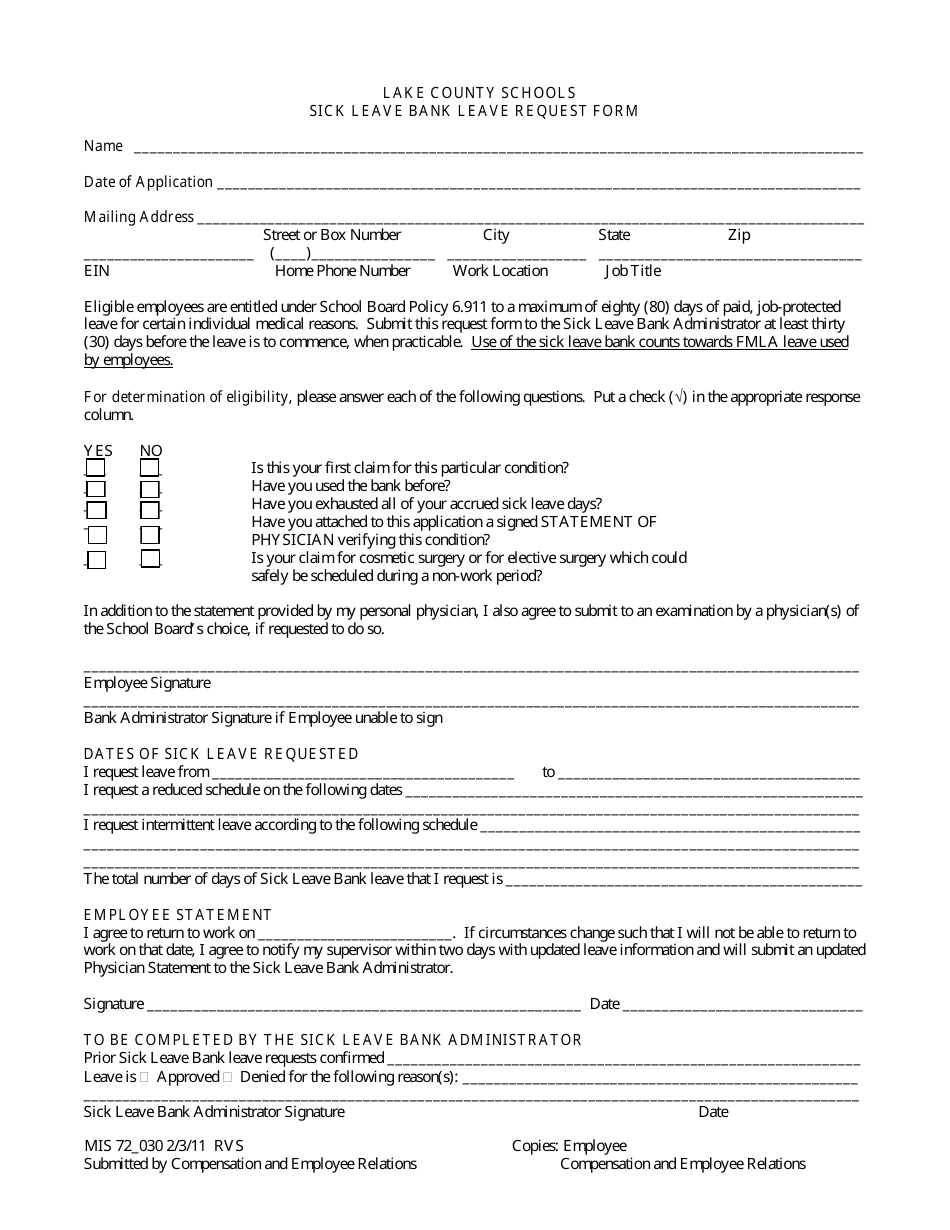 Sick Leave Bank Leave Request Form - Lake County Schools, Page 1