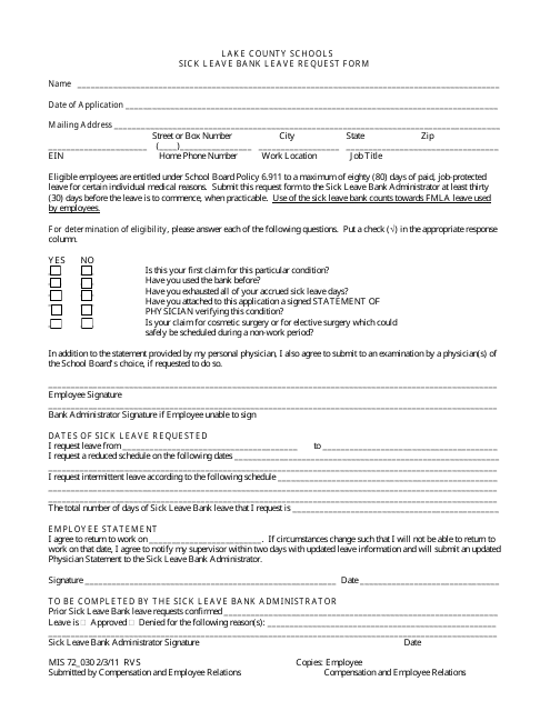 Sick Leave Bank Leave Request Form - Lake County Schools Download Pdf