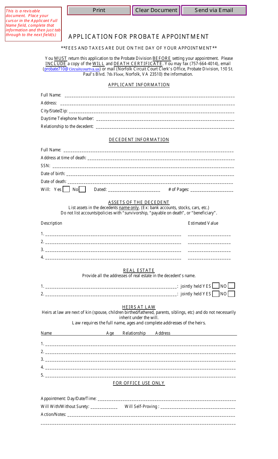 Application for Probate Appointment - Norfolk, Virginia, Page 1
