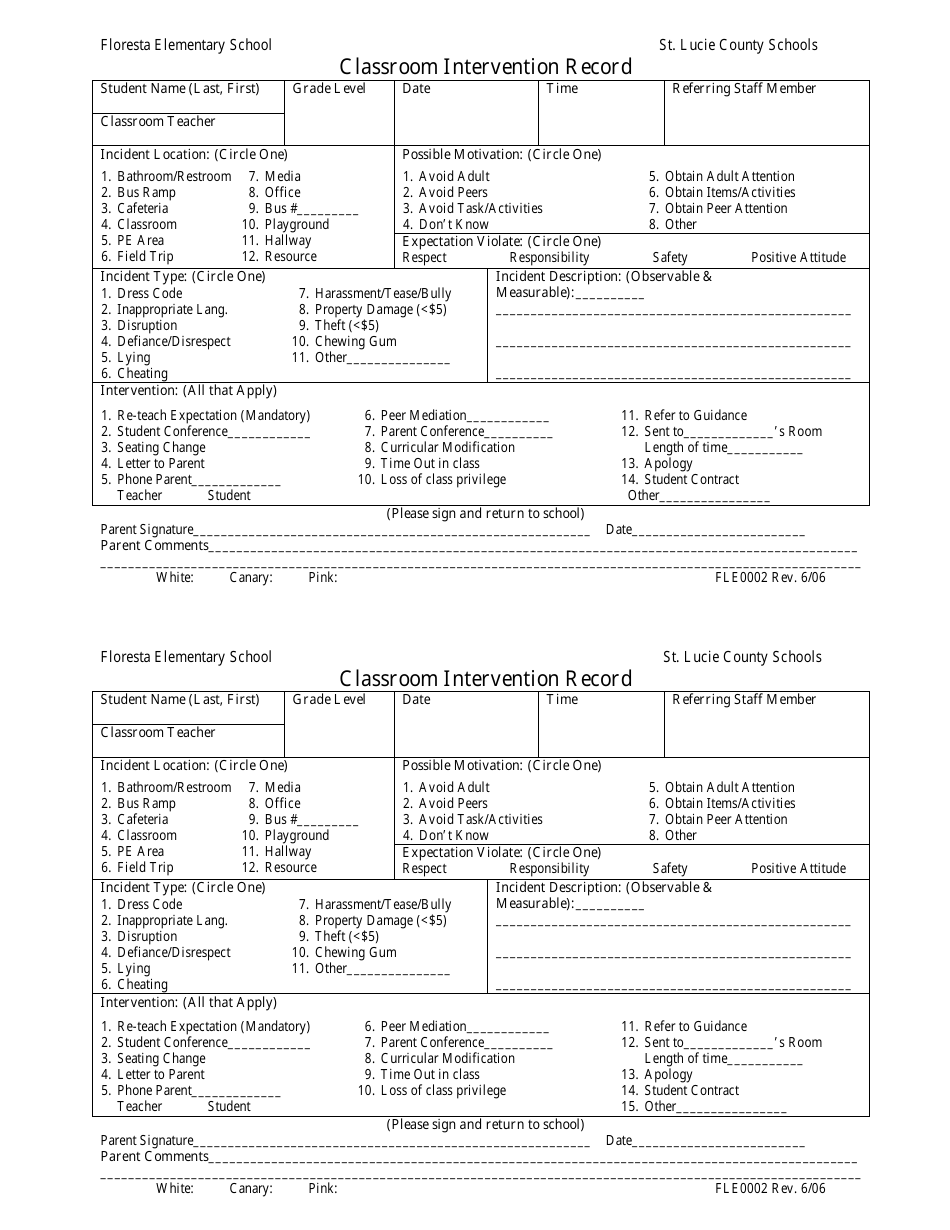 Classroom Intervention Record Form - Floresta Elementary School, Page 1