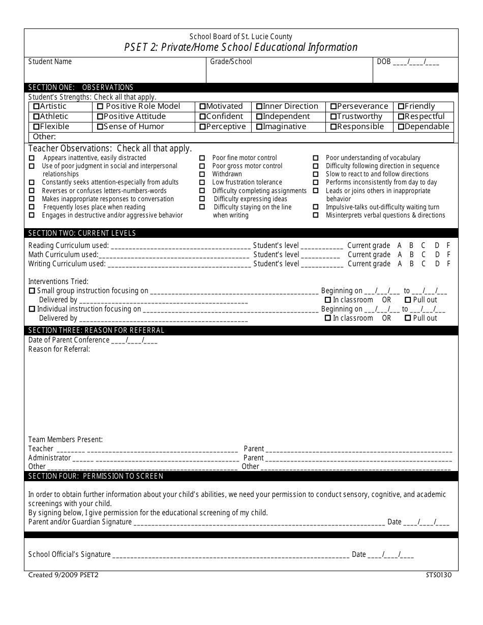 Private / Home School Educational Information Form - the School Board of St. Lucie County, Page 1