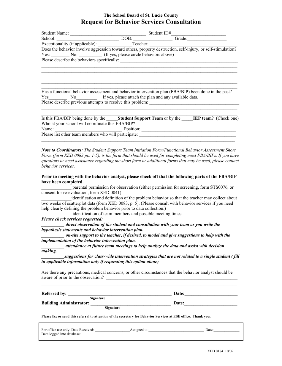 Request for Behavior Services Consultation Form - the School Board of St. Lucie County, Page 1