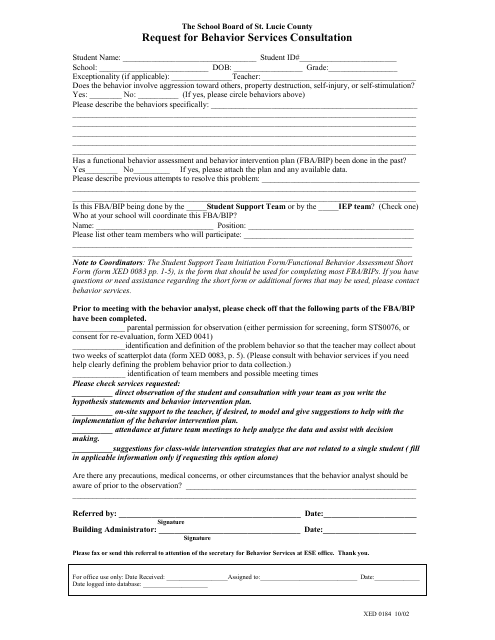 Request for Behavior Services Consultation Form - the School Board of St. Lucie County Download Pdf