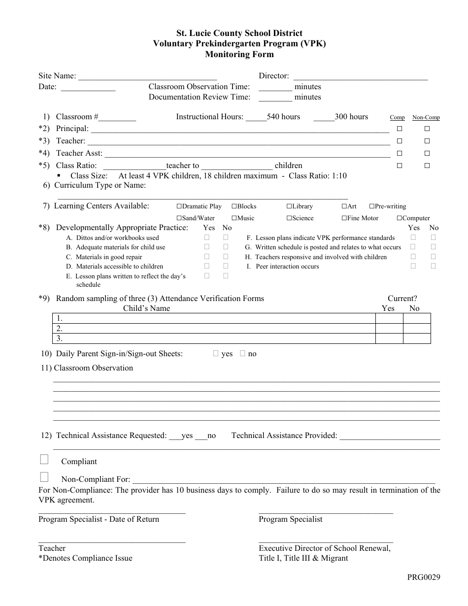 Voluntary Prekindergarten Program (Vpk) Monitoring Form - St. Lucie County School District - Florida, Page 1
