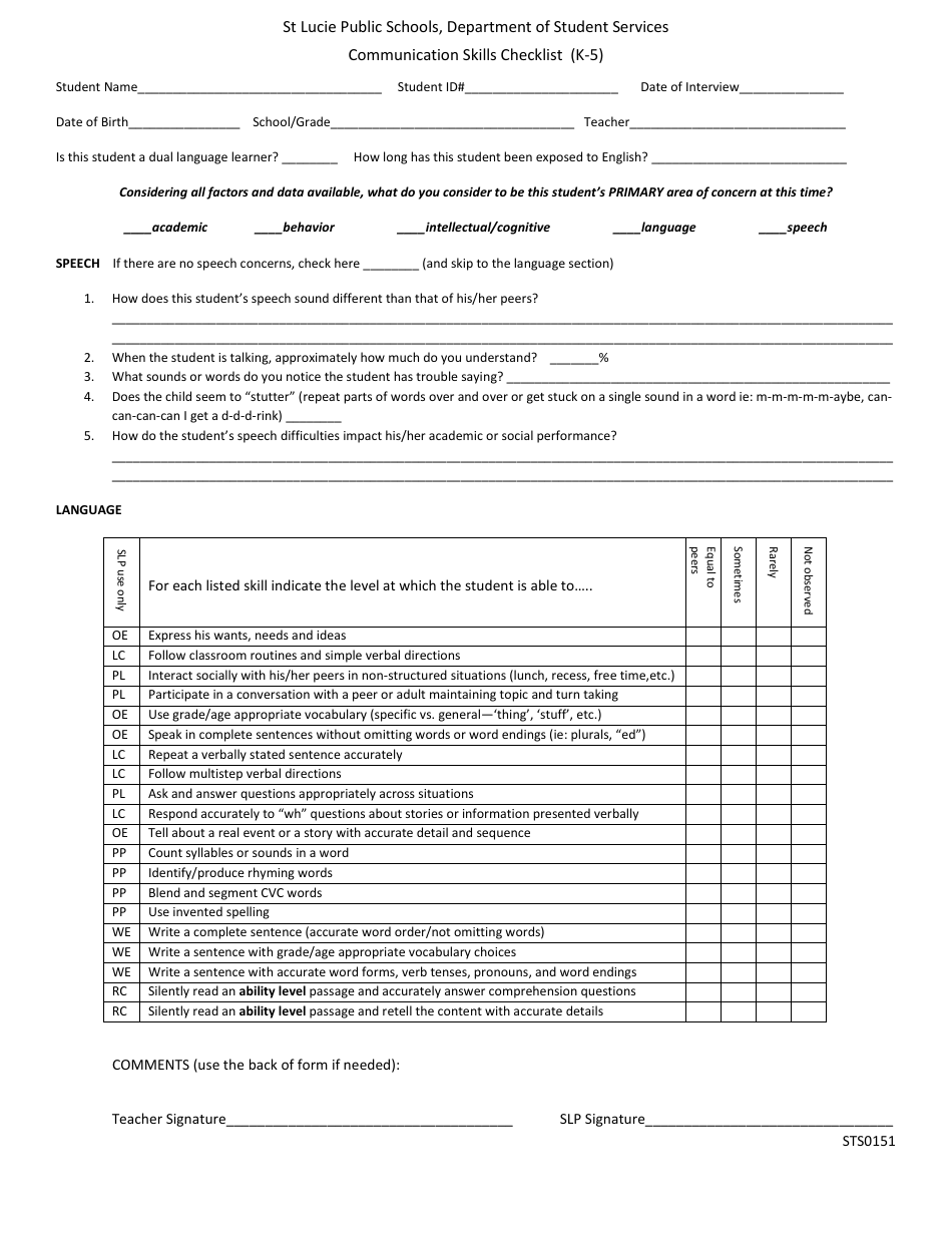 Communication Skills Checklist Template - St Lucie Public Schools