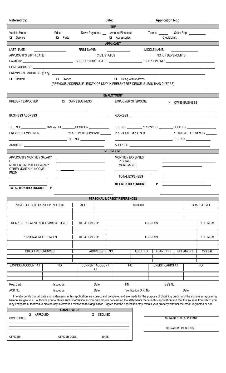 Printable Loan Application Form 2861