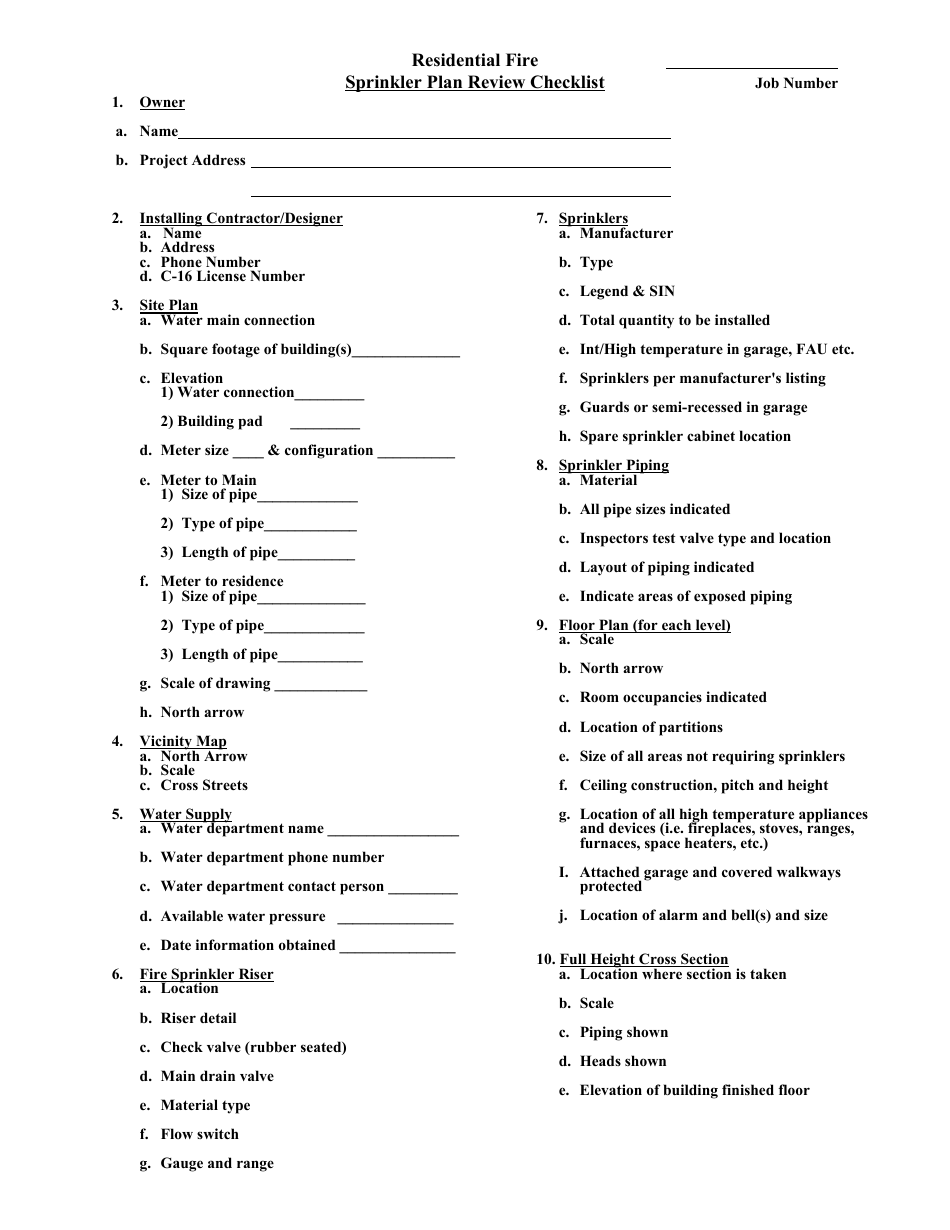 Sprinkler Plan Review Checklist Template - Residential Fire Download