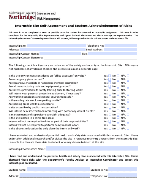 Internship Site Self Assessment and Student Acknowledgement of Risks - California State University