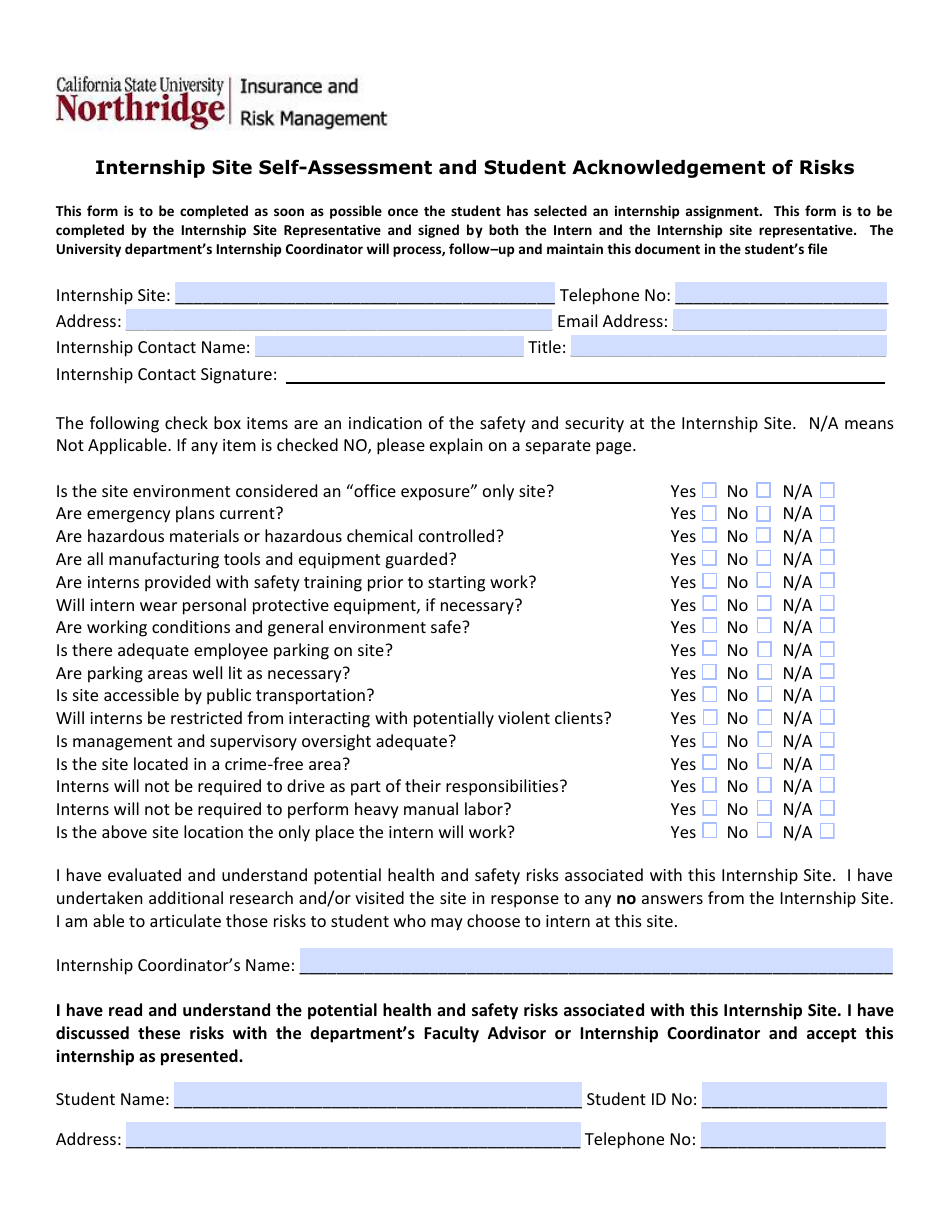 Internship Site Student Acknowledgement of Risks Document - Preview