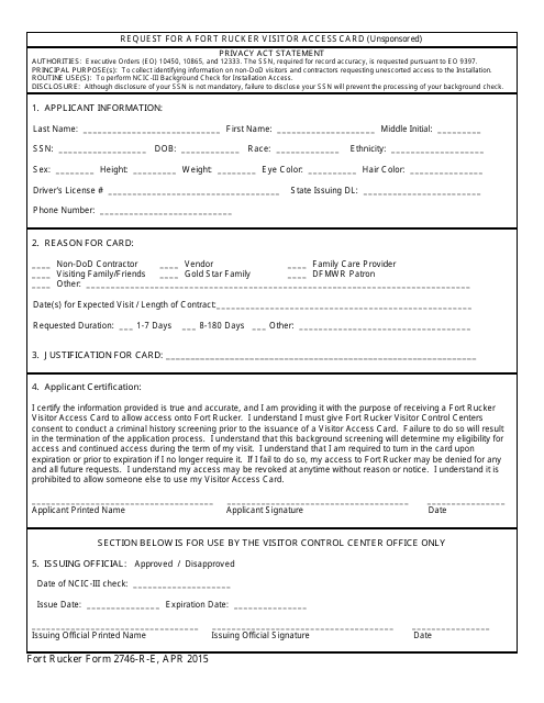 Fort Rucker Form 2746-R-E Request for a Fort Rucker Visitor Access Card (Unsponsored)