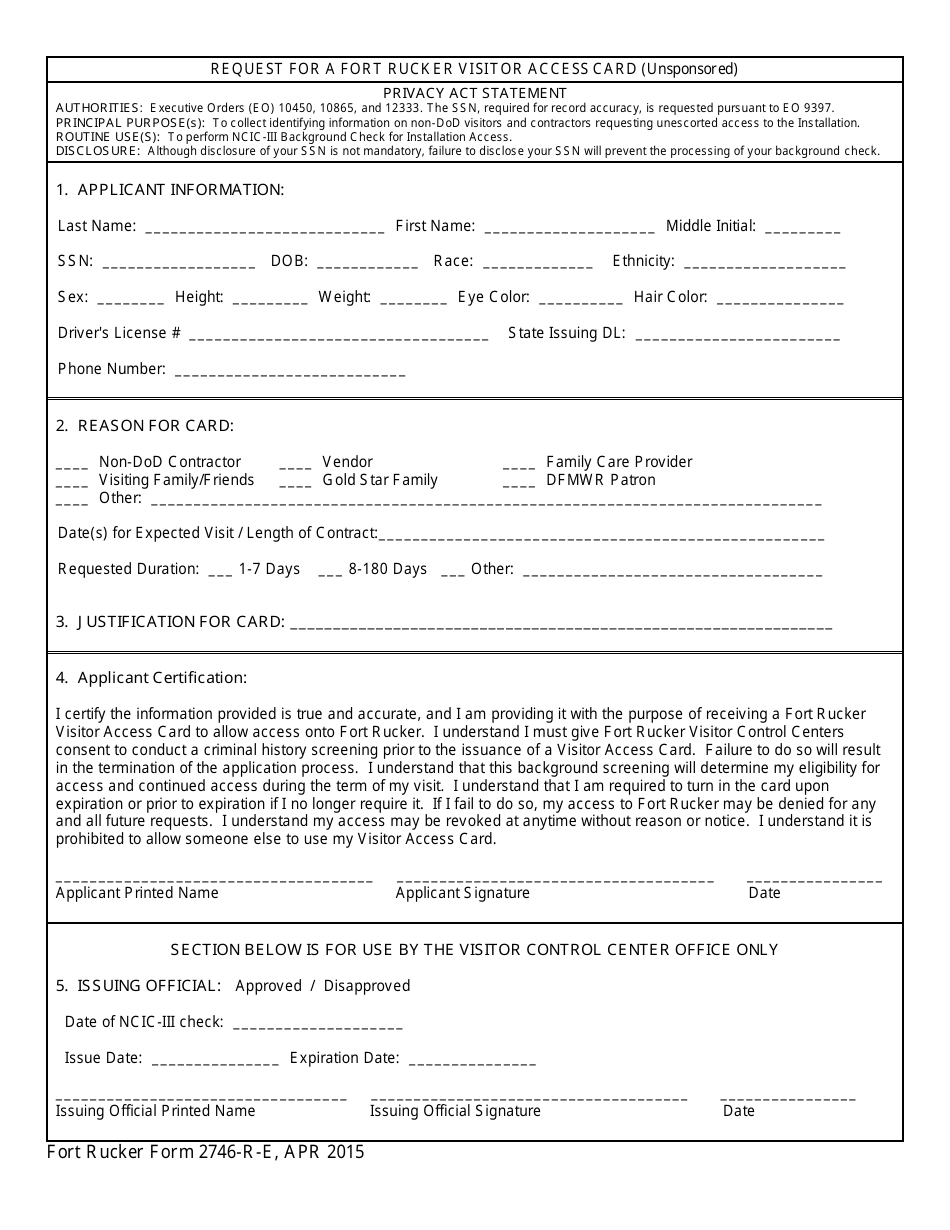 Fort Rucker Form 2746-R-E Request for a Fort Rucker Visitor Access Card (Unsponsored), Page 1