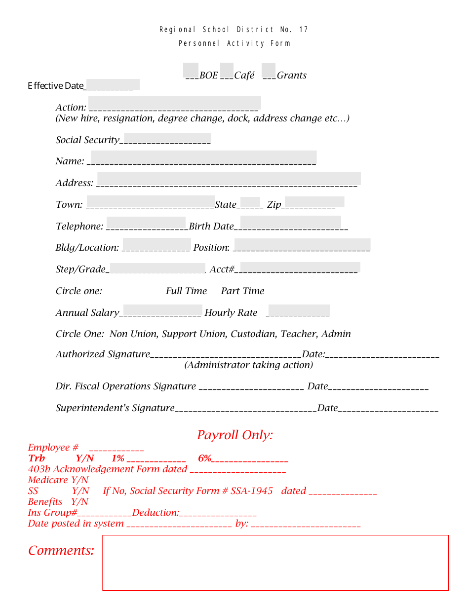 Personnel Activity Form - Regional School District No. 17, Page 1