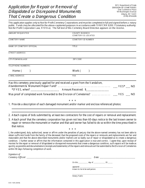 Form DOS-1585 Application for Repair or Removal of Dilapidated or Disrepaired Monuments That Create a Dangerous Condition - New York