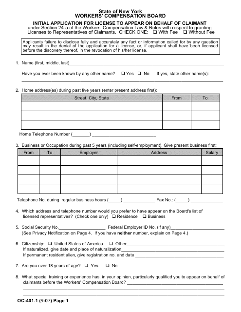Form OC-401.1 Initial Application for License to Appear on Behalf of Claimant - New York