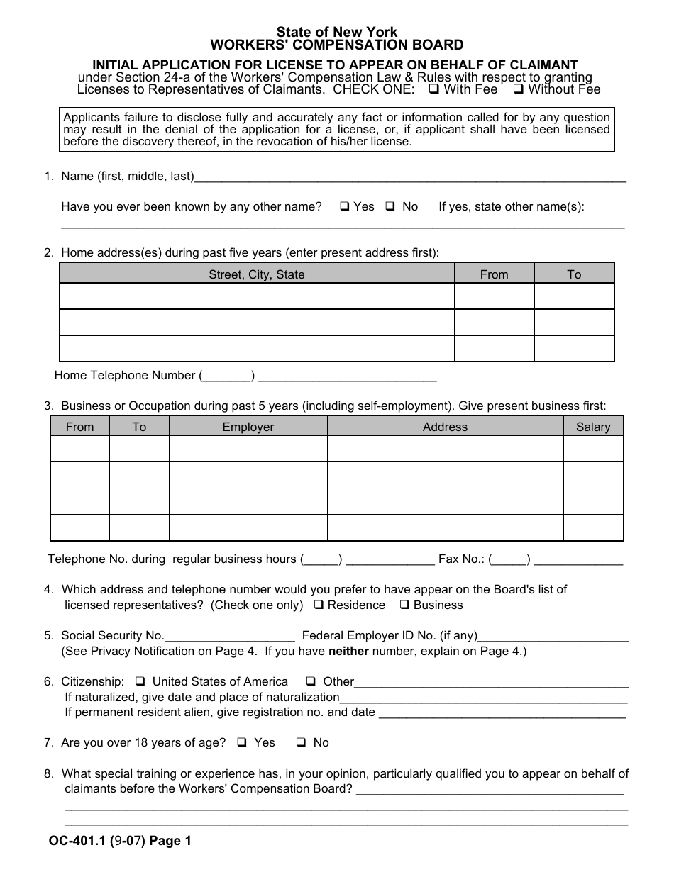 Form OC-401.1 Initial Application for License to Appear on Behalf of Claimant - New York, Page 1