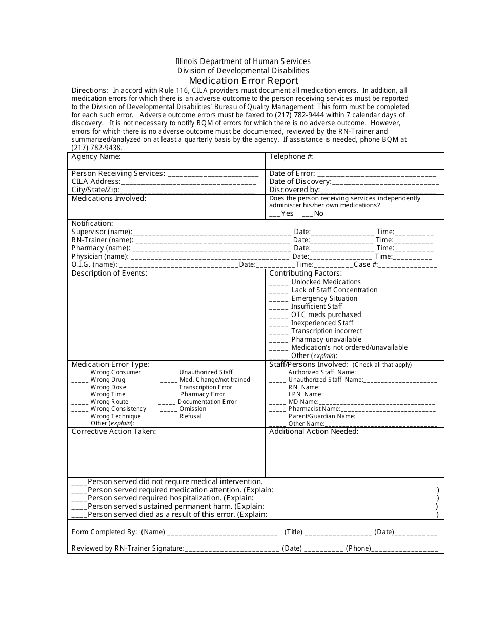 Medication Error Report Form - Illinois, Page 1