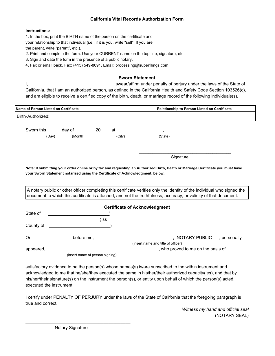 Ca Vital Records Authorization Form - California, Page 1
