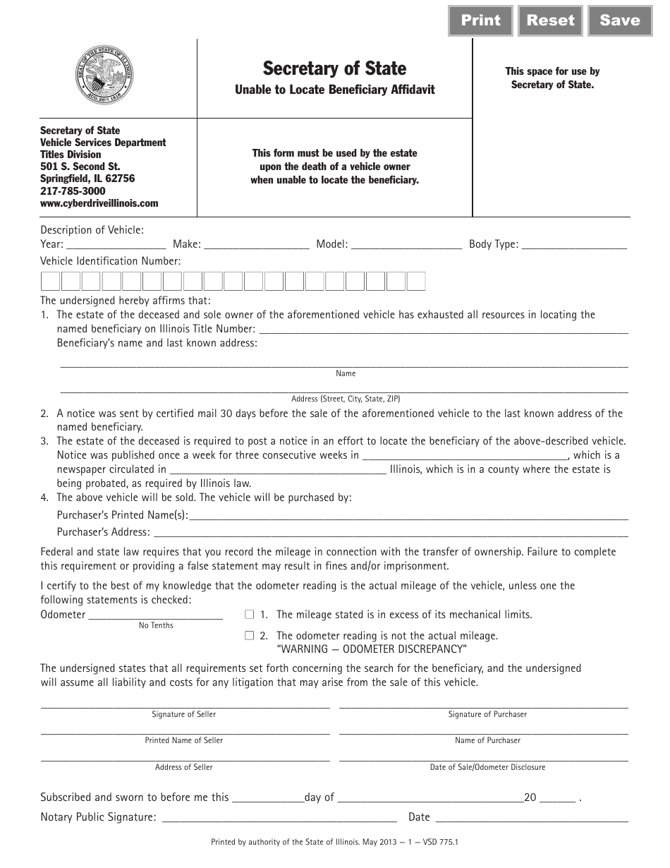 Form VSD775 Unable to Locate Beneficiary Affidavit - Illinois, Page 1