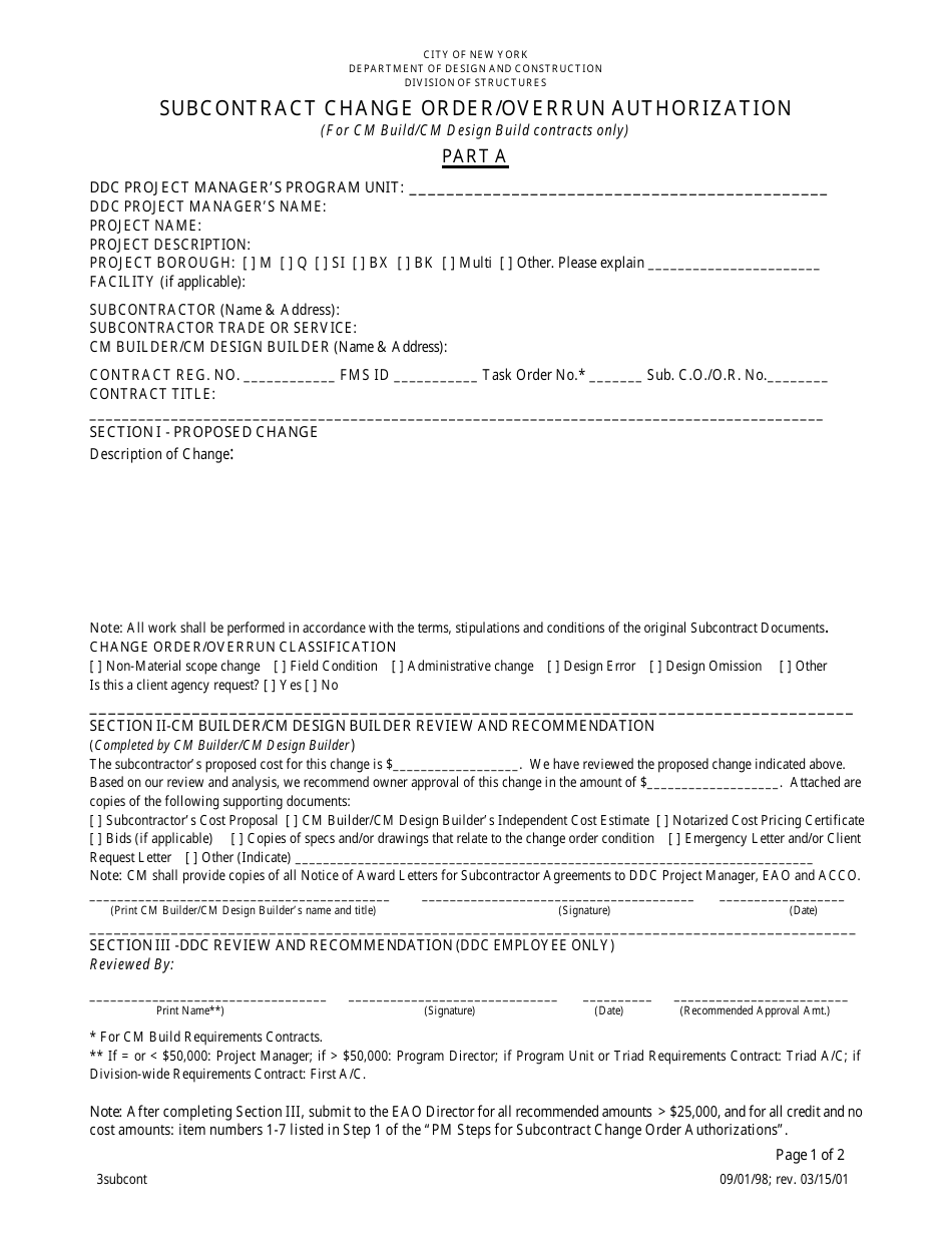 Part A Subcontract Change Order / Overrun Authorization - New York City, Page 1