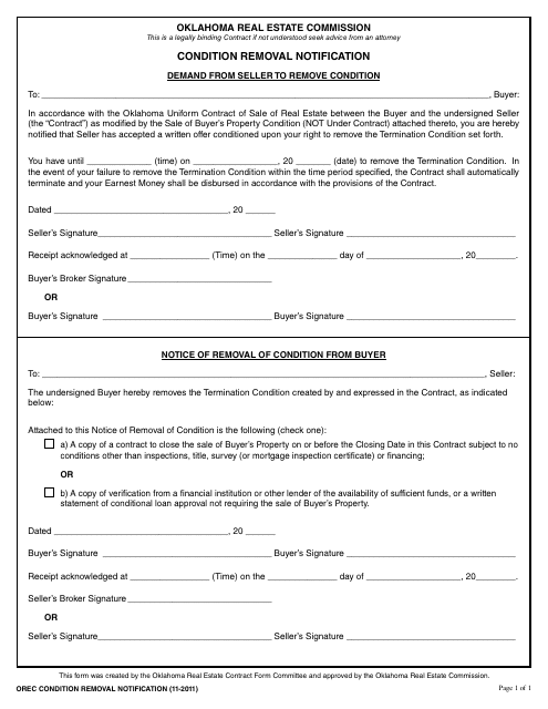 Condition Removal Notification Form - Oklahoma