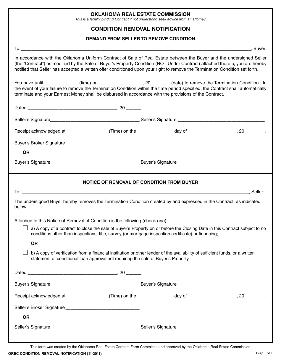Condition Removal Notification Form - Oklahoma, Page 1