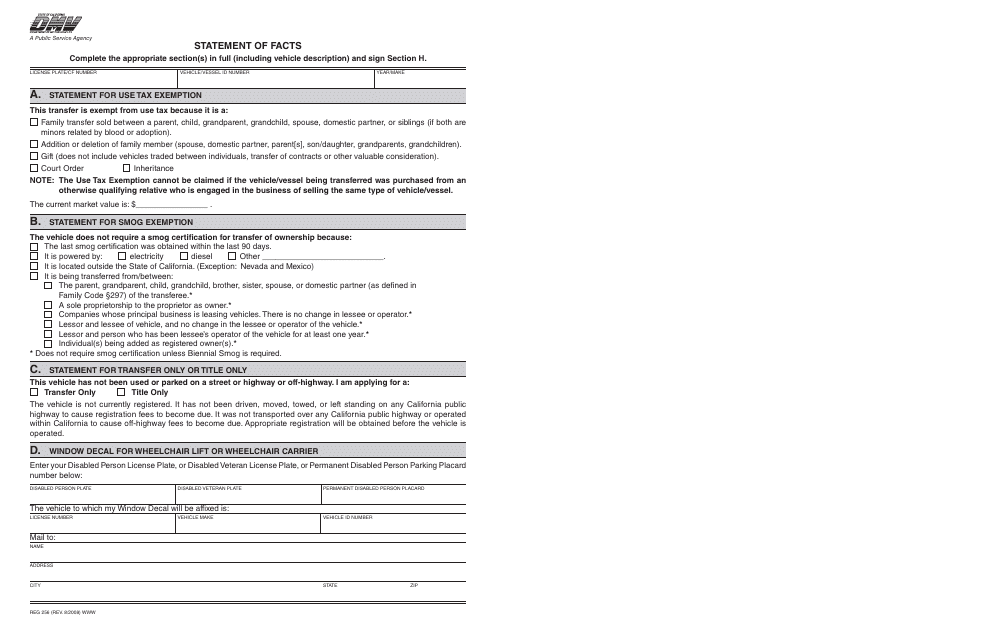 Form REG256 Statement of Facts - California