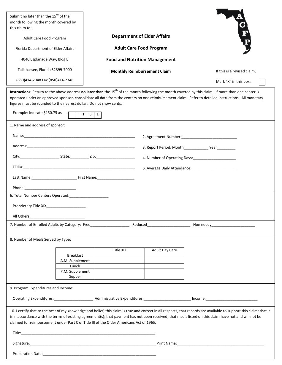 Monthly Reimbursement Claim Form - Florida, Page 1