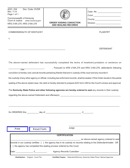 Form AOC-334 Order Voiding Conviction and Sealing Records - Kentucky