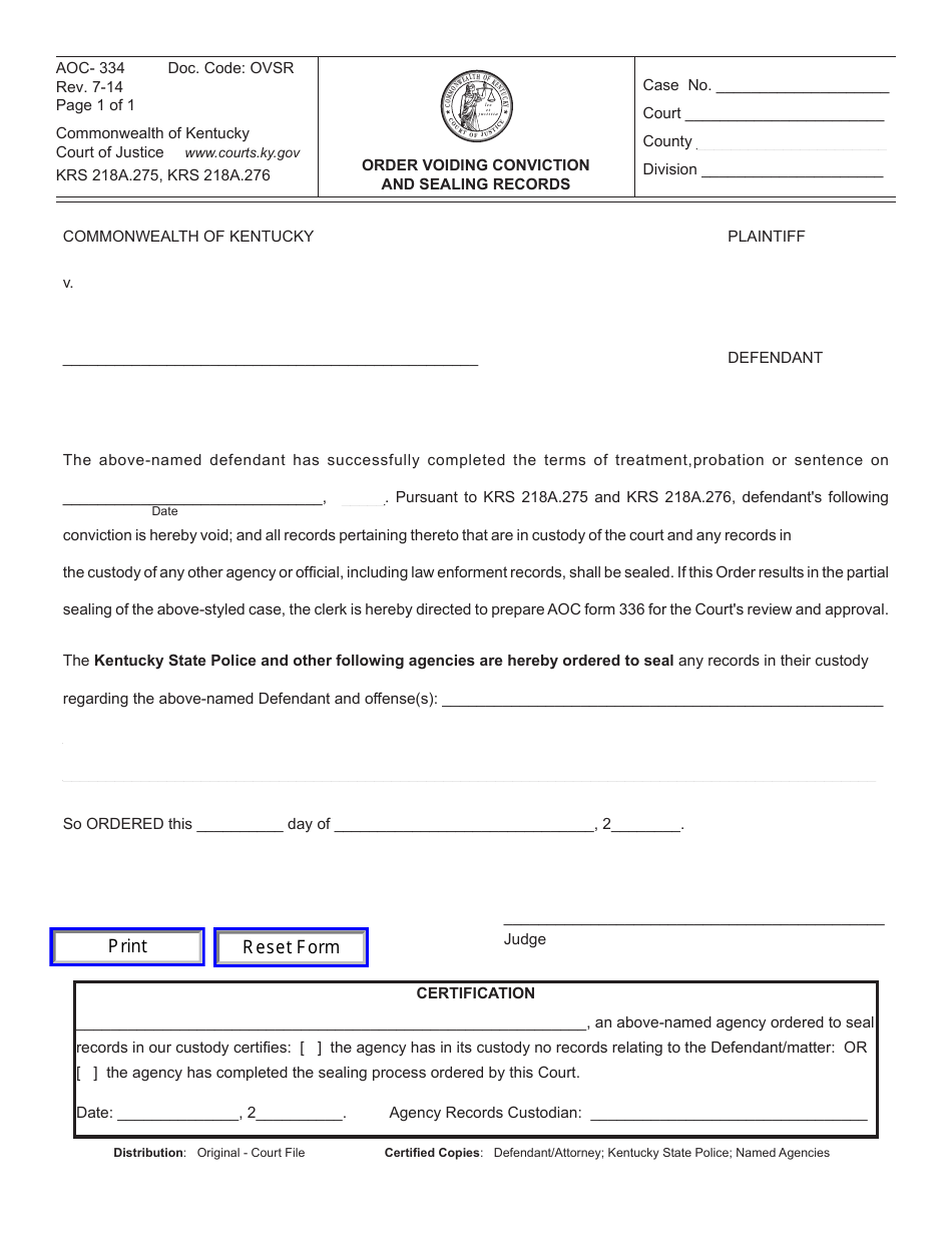 Form AOC-334 Order Voiding Conviction and Sealing Records - Kentucky, Page 1