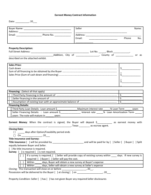 Earnest Money Contract Information Form - Texas Download Pdf