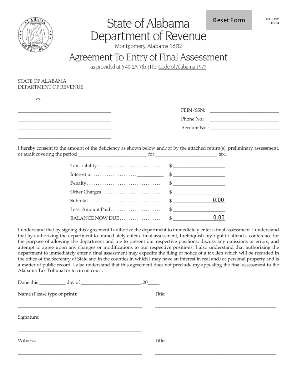 Form BA: RS2 Agreement to Entry of Final Assessment - Alabama, Page 1