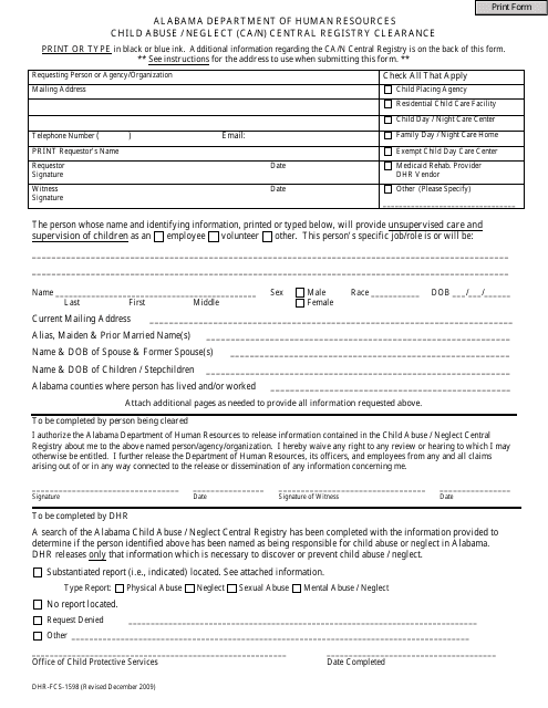 Form DHR-FCS-1598 Child Abuse / Neglect (Ca/N) Central Registry Clearance - Alabama