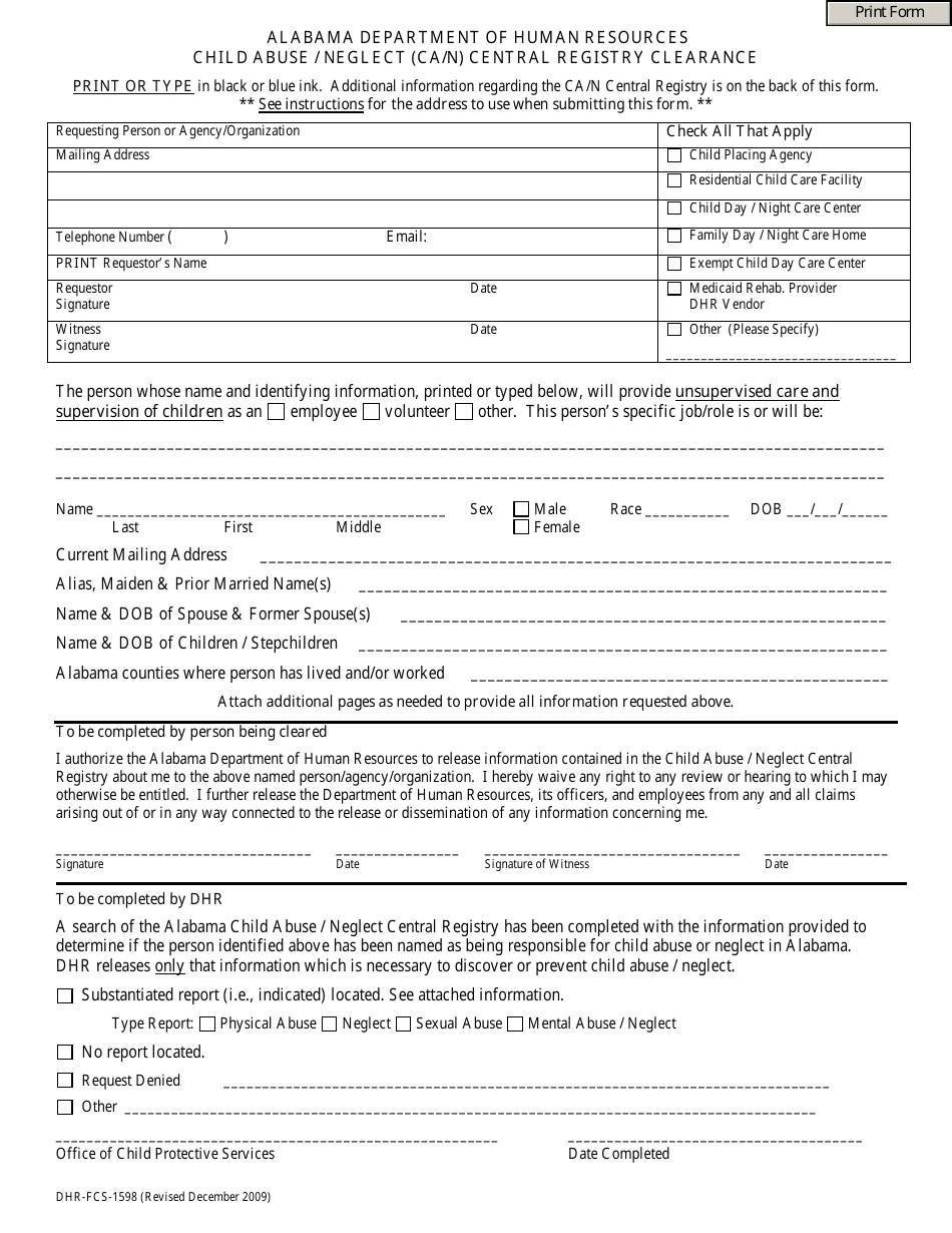 Form DHR-FCS-1598 Child Abuse / Neglect (Ca / N) Central Registry Clearance - Alabama, Page 1