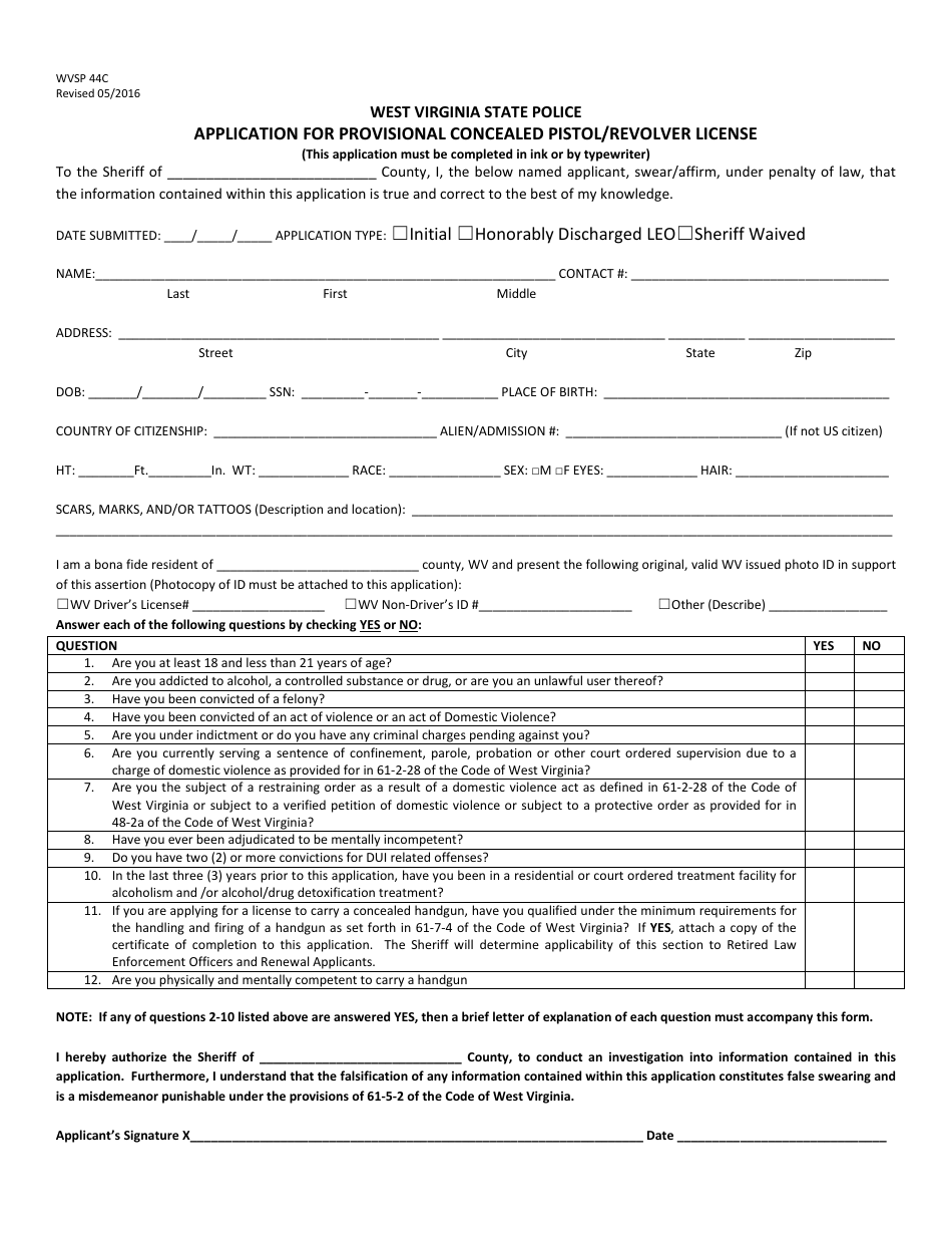 WVSP Form 44C Application for Provisional Concealed Pistol / Revolver License - West Virginia, Page 1