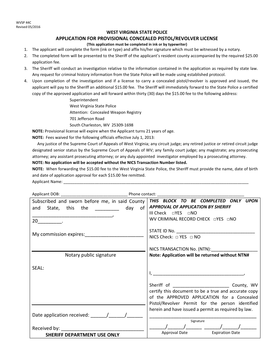 WVSP Form 44C Application for Provisional Concealed Pistol / Revolver License - West Virginia, Page 2