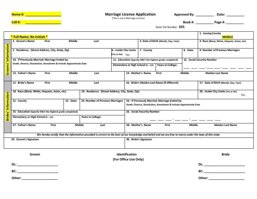 Form 101 Marriage License Application Form - Mobile County, Alabama