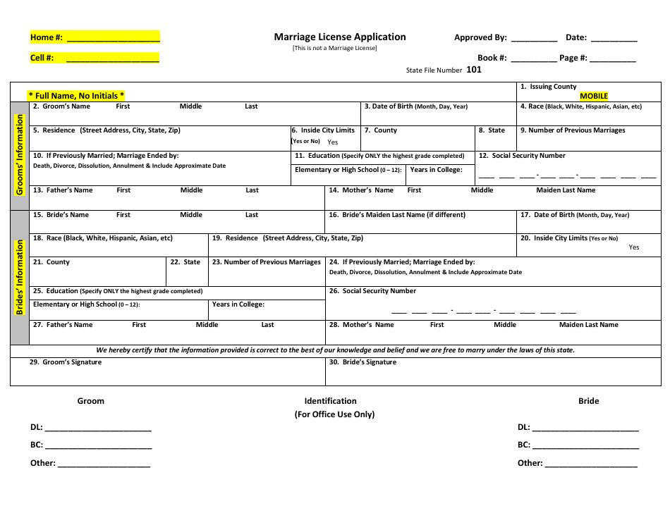 Form 101 Marriage License Application Form - Mobile County, Alabama, Page 1