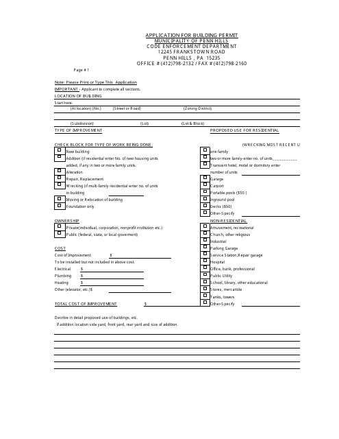 Application for Building Permit - Municipality of Penn Hills, Pennsylvania