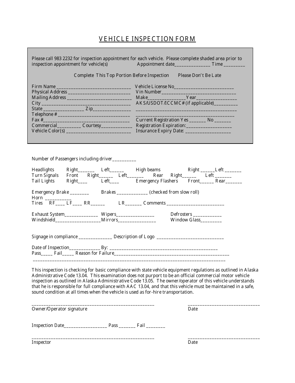 Vehicle Inspection Form - Alaska, Page 1