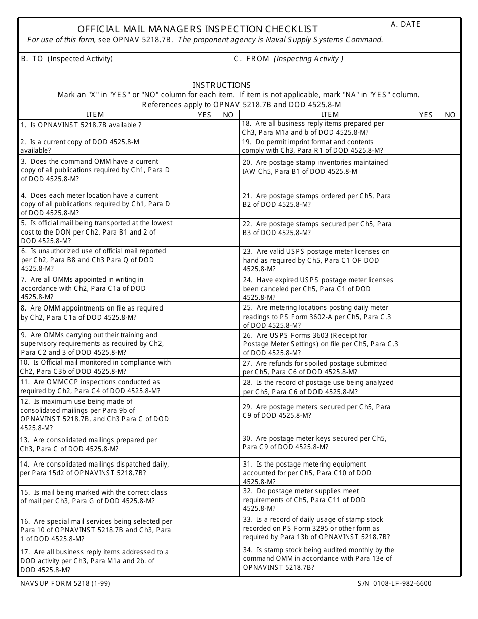 NAVSUP Form 5218 Official Mail Managers Inspection Checklist, Page 1