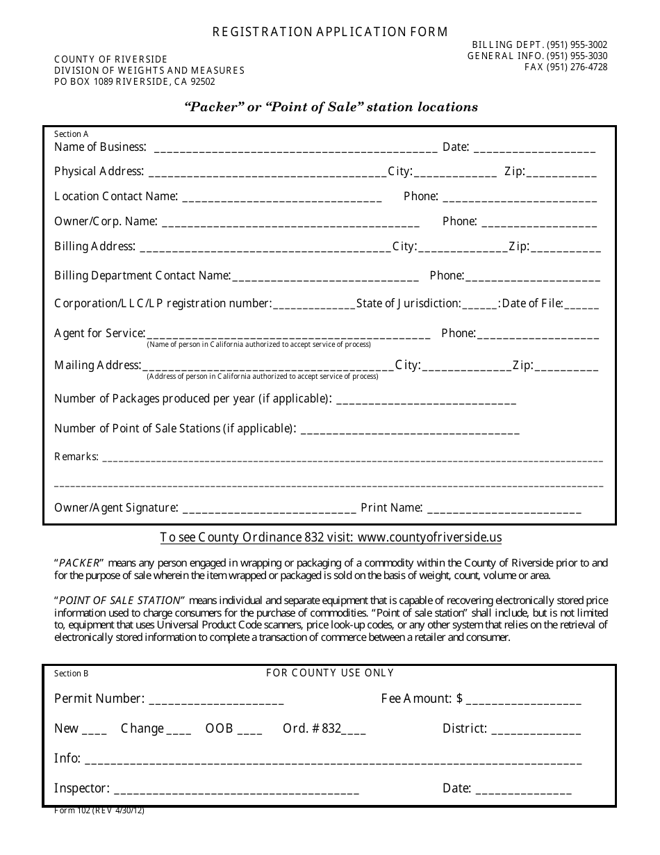 Form 102 Registration Application Form - COUNTY OF RIVERSIDE, California, Page 1