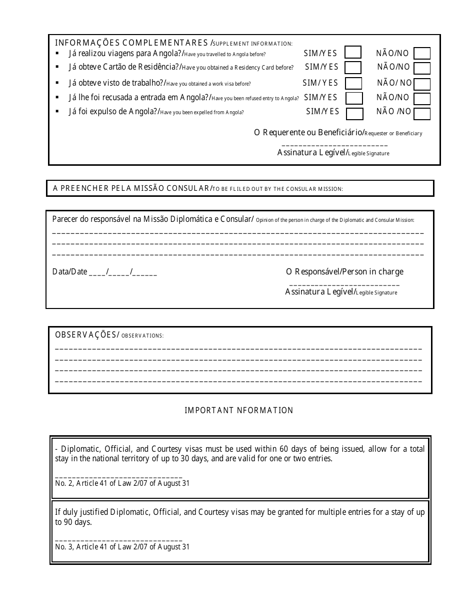Angola Visa Application Form - Embassy of Angola in the Usa - Washington, D.C. (English / Portuguese), Page 3