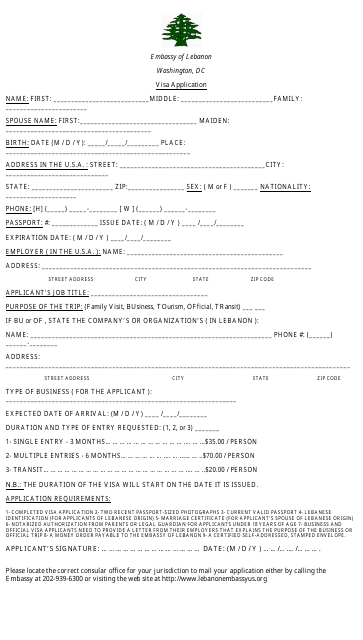 Lebanon Visa Application Form - Embassy of Lebanon - Washington, D.C. Download Pdf