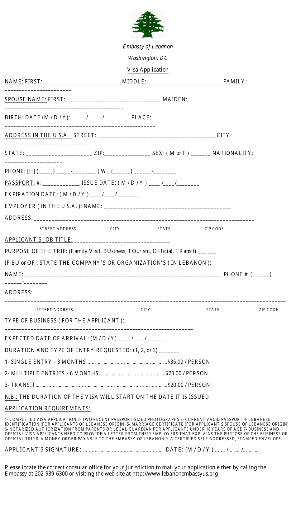 Lebanon Visa Application Form - Embassy of Lebanon - Washington, D.C., Page 1
