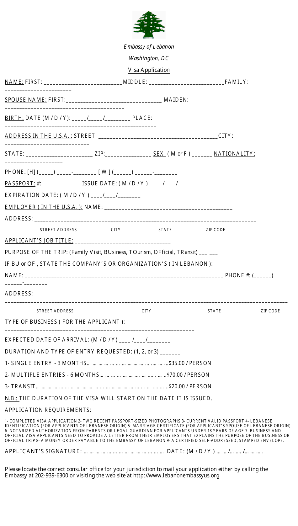 Washington D C Lebanon Visa Application Form Embassy Of Lebanon Download Fillable PDF