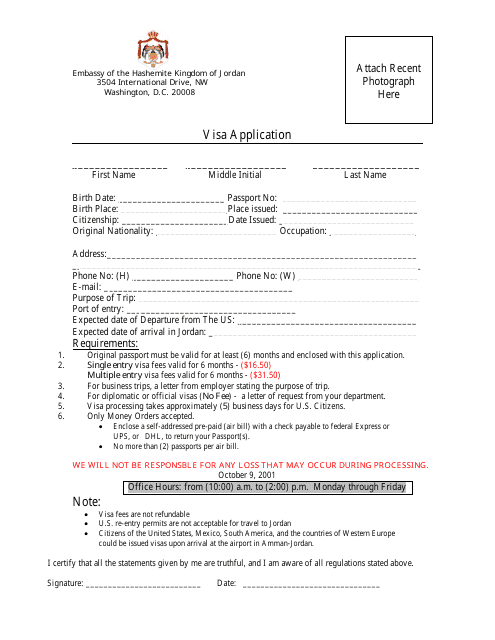 Jordan Visa Application Form - Embassy of the Hashemite Kingdom of Jordan - Washington, D.C. Download Pdf
