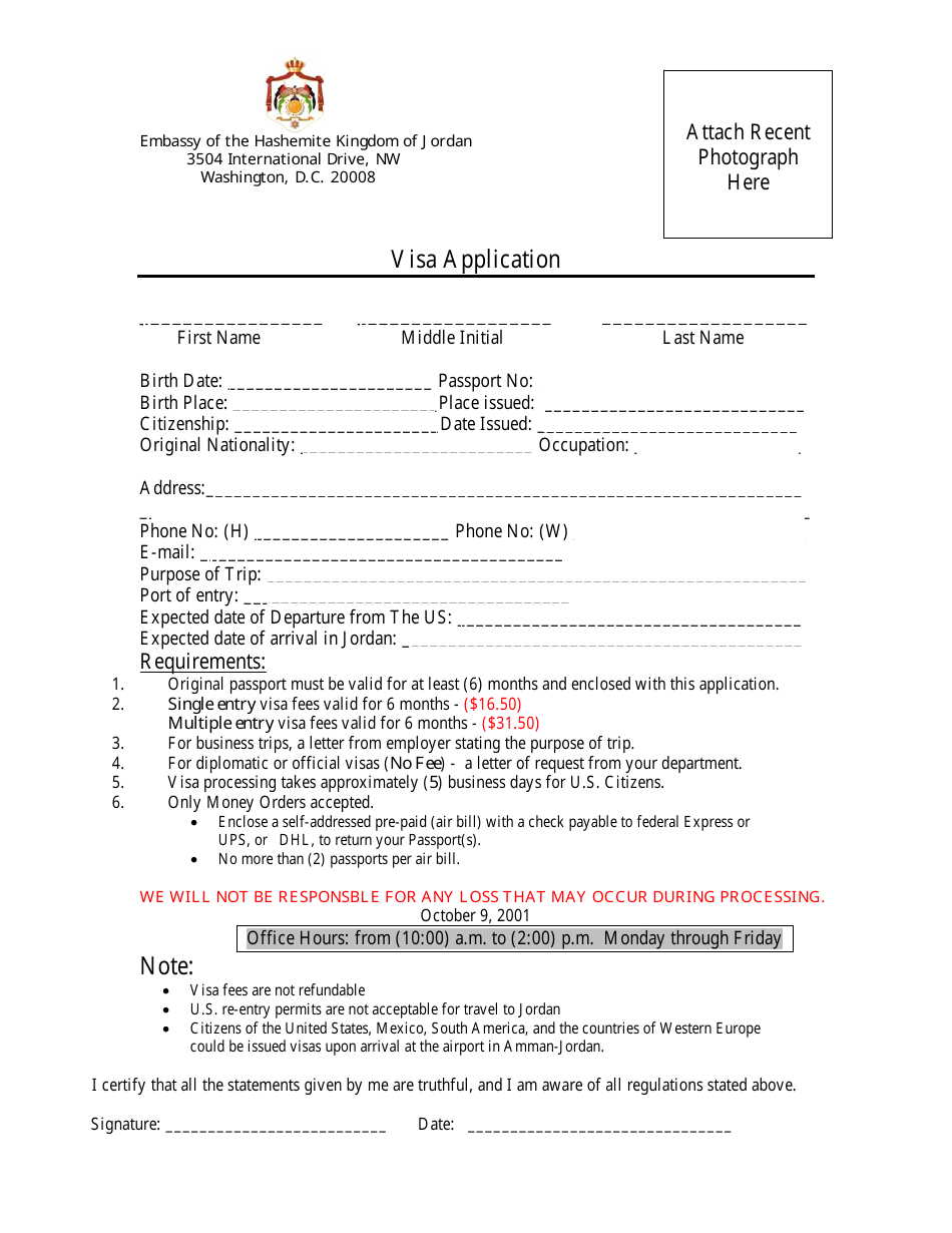 Washington, D.C. Jordan Visa Form - Embassy the Hashemite Kingdom of Download PDF | Templateroller